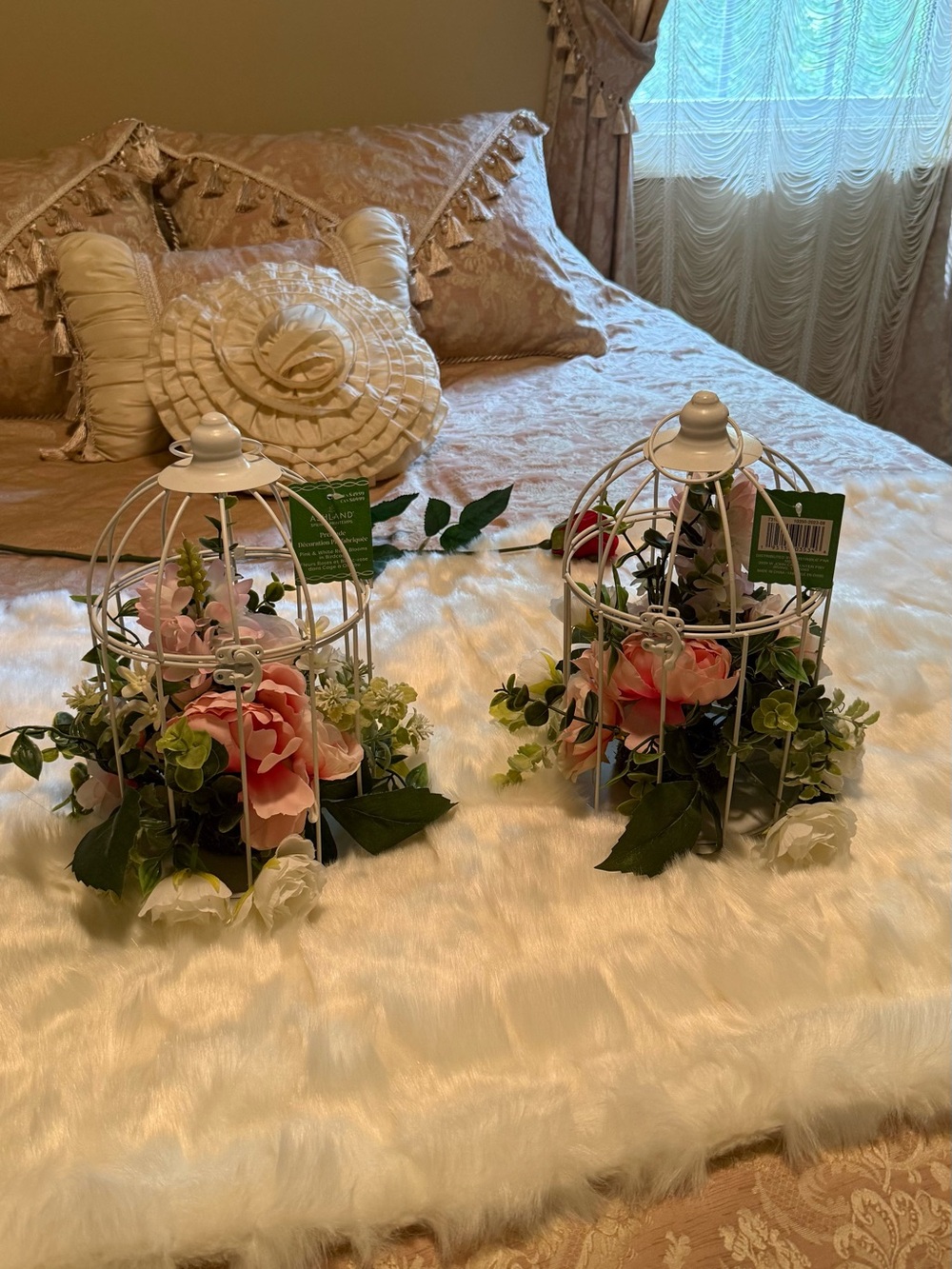 Ashland White Birdcage Faux Floral Arrangement with Pink Blossoms